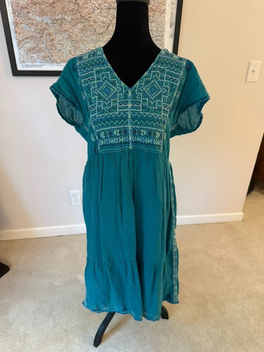 Johnny Was Workshop Teal Embroidered Mini Dress Size M